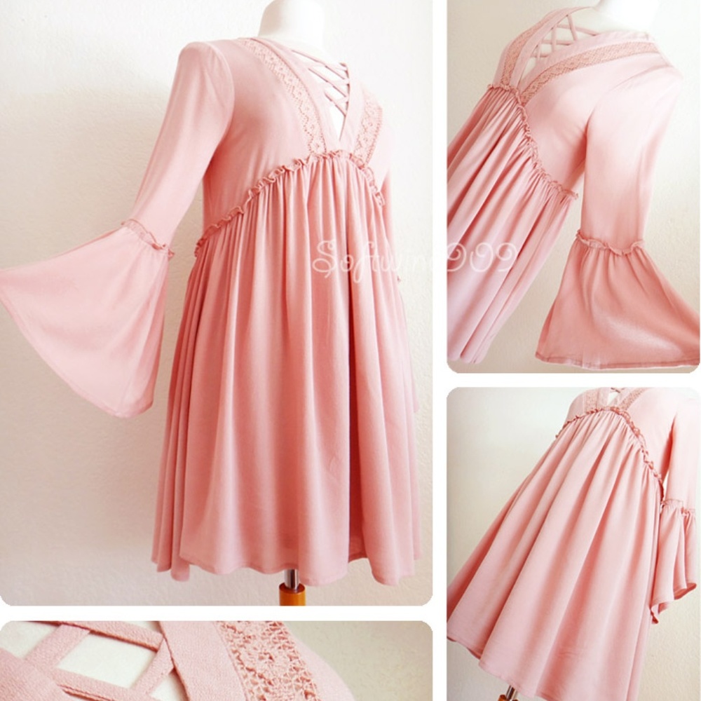 Last☝️Pink Laced Up Bell Sleeves Boho Swing Dress - Picture 6 of 8